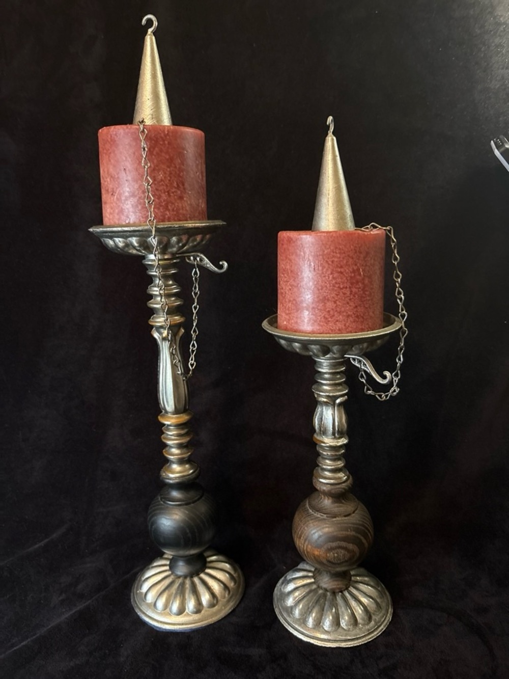 2 Dilly Turned Wood Pewter Candle Holders Snuffer Vintage Americana EUC Rustic